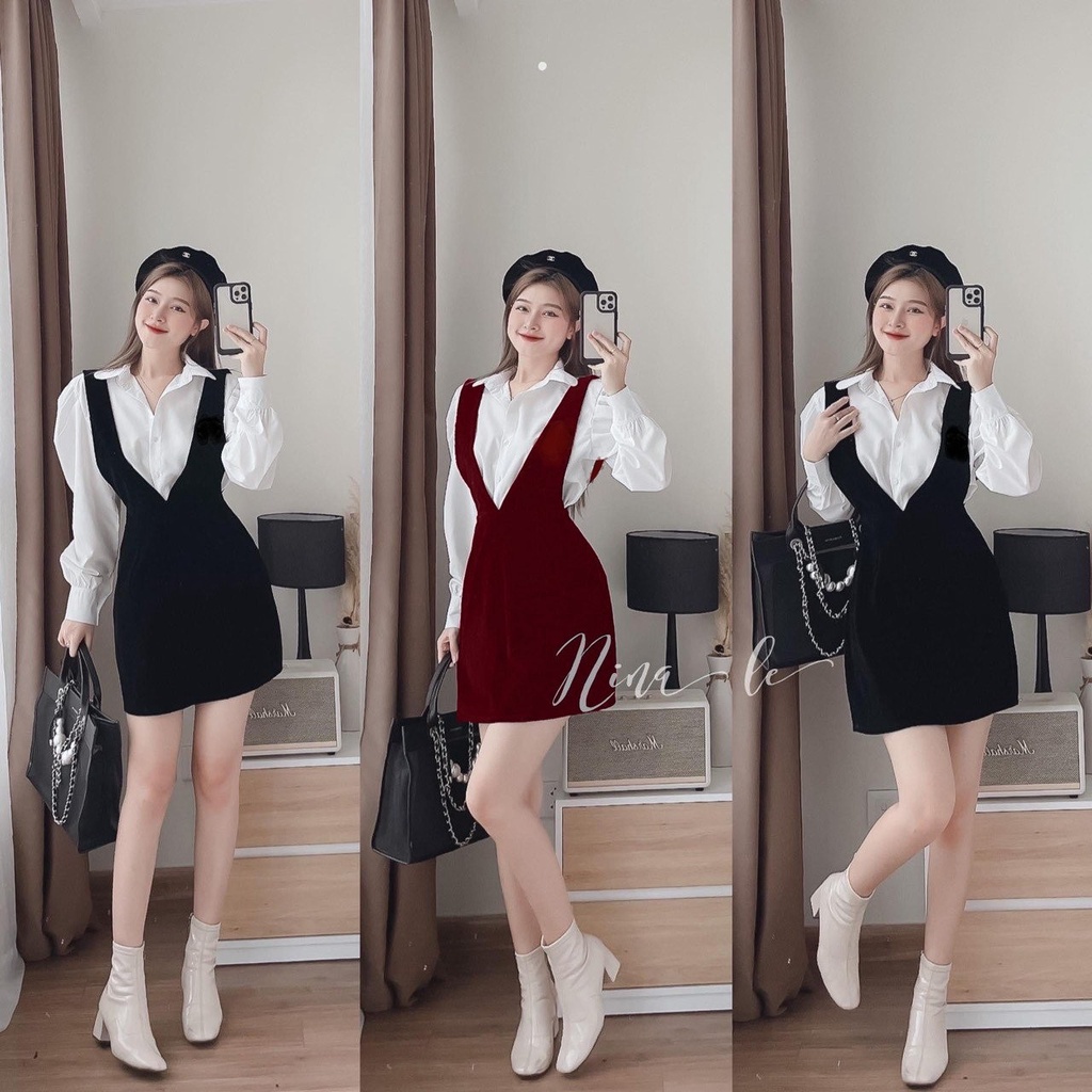 [3.3 Sales Freeship] Set yếm váy nữ Hàn Quốc, set yếm nhung 2 dây bản to phối áo sơ mi trắng tay dài thanh lịch mtb
