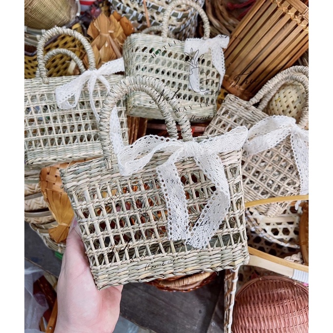 Túi cói mini, túi cói handmade cắm hoa hoặc cho bé xách