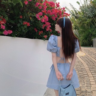 Đầm Tay Phồng Cổ Vuông Hở Lưng Phong Cách retro