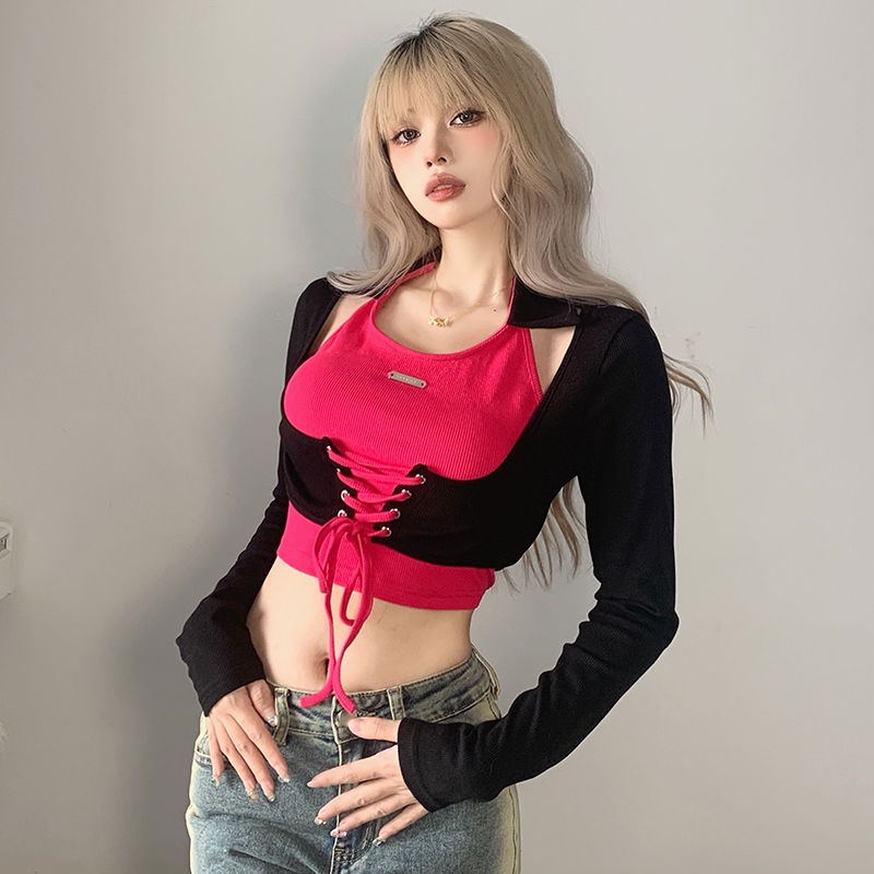 Áo Thun Lửng Tay Dài Phối Dây Buộc Thiết Kế Trẻ Trung Cá Tính