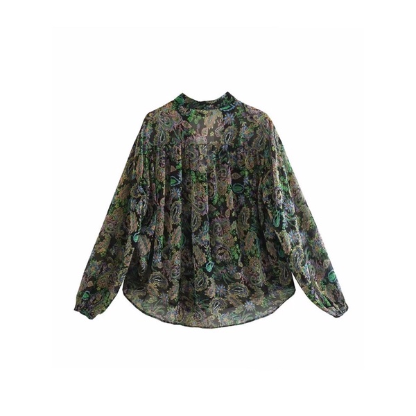 Made in Morocco - áo sơ mi Zara voan hoa lụa xanh trầm AH1SMVG40N10