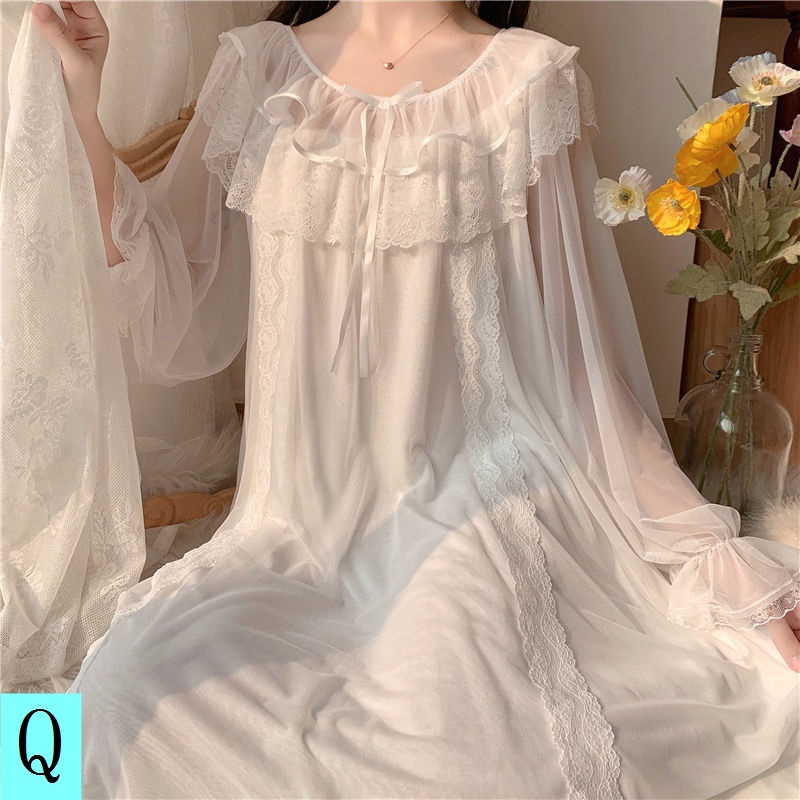Đầm Ngủ Tay Dài Phối Ren Mỏng Phong Cách Hàn Quốc Ngọt Ngào Thời Trang Xuân Thu Mới Cho Nữ