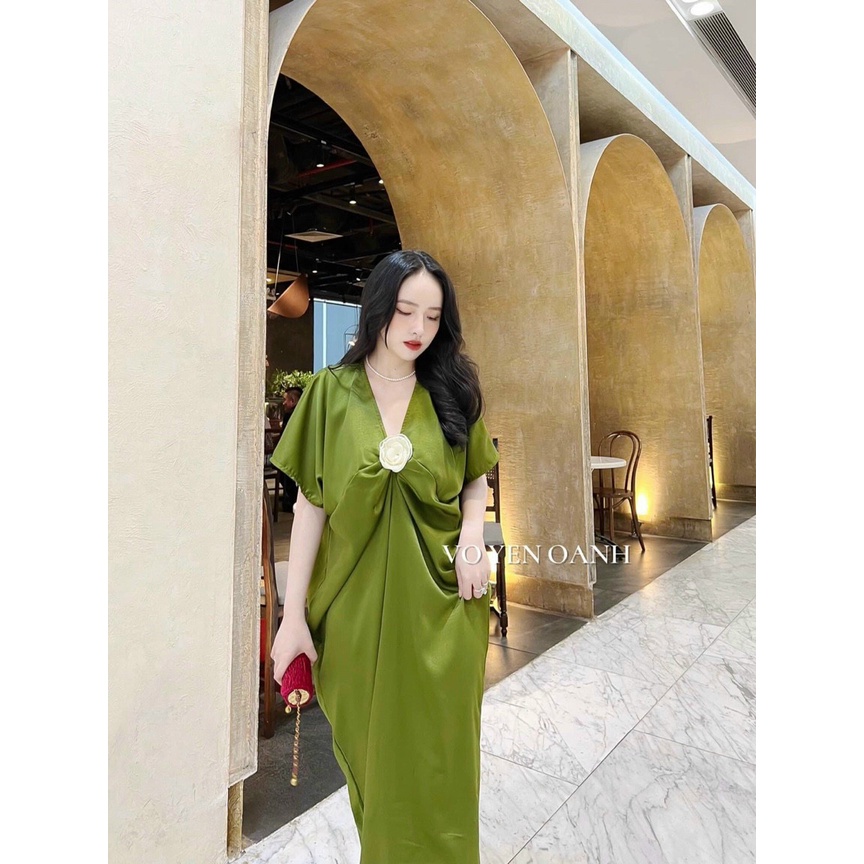 [3.3 Sales Freeship] Đầm suông cổ v tay dơi dáng dài đính hoa, đầm trơn basic nhún eo đính bông đi biển nhẹ nhàng mtb