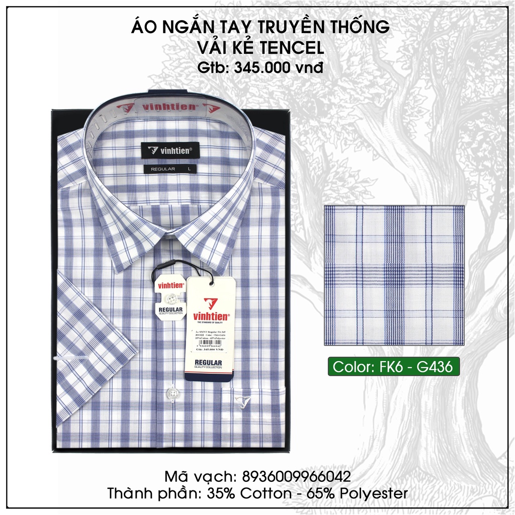 Áo Sơ Mi Ngắn Tay Caro Tencel-Spun Regular Fit 345 Vĩnh Tiến - Vạt Bầu - Nhiều Màu