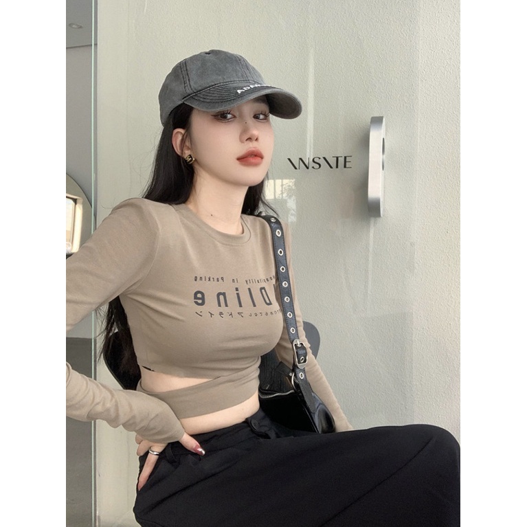 Áo Thun croptop Tay Dài In Chữ Cá Tính Cho Nữ