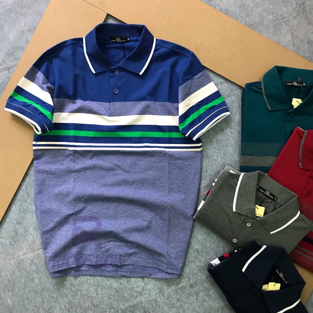 Áo nam cho người trung niên, áo thun nam ngắn tay form rộng sọc ngang RIOOSHOP RCP011 màu xám, xanh đen, đỏ, xám