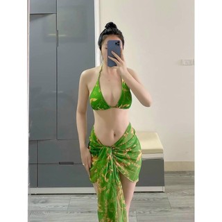 Bikini tam giác kèm khăn họa tiết xanh xích