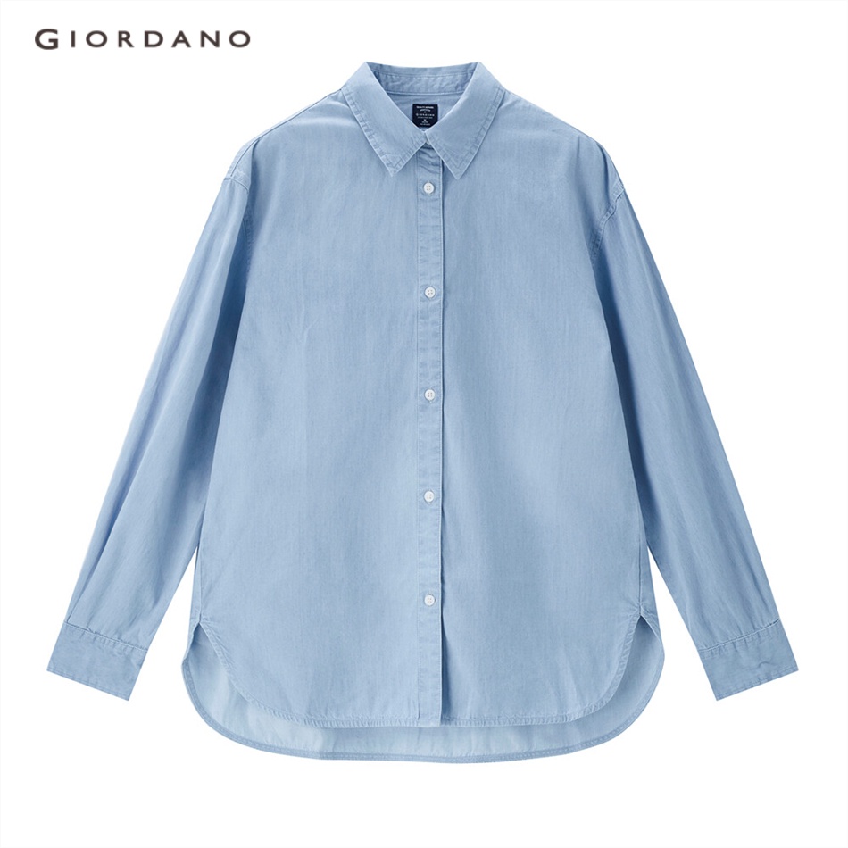 Áo sơ mi denim GIORDANO 05343106 dài tay 100% cotton viền cong cho nữ