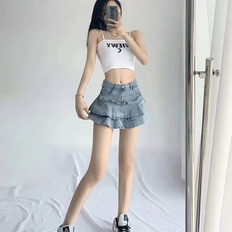 Chân váy jean Chữ A Lưng Cao Giả Hai Lớp Phong Cách Hàn Quốc Mới