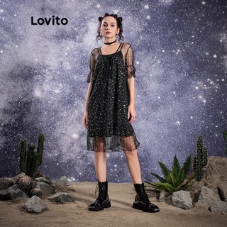 Đầm LOVITO Star Girl dáng chữ A hai lớp xuyên thấu thắt dây viền xếp nếp lấp lánh bầu trời sao cho nữ L32AE013 (màu đen)