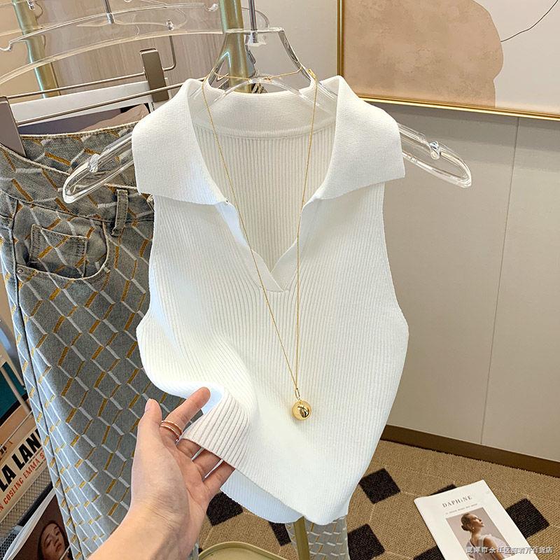 Áo sweater Lụa Lạnh Mỏng Không Tay Cổ Polo Thời Trang Mùa Hè Cho Nữ
