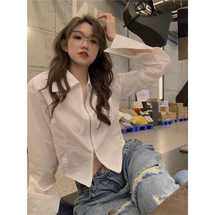 COZOK Áo Sơ Mi Dài Tay Màu Trơn Phối Khóa Kéo Thời Trang