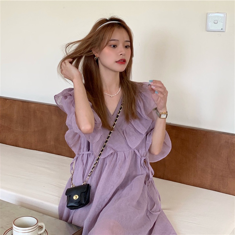 Đầm Cổ Chữ V Phối Dây Rút Thời Trang Hàn Quốc Cho Nữ