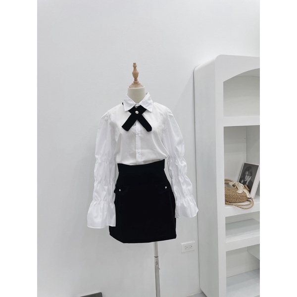 [ 𝐅𝐑𝐄𝐄 𝐒𝐇𝐈𝐏 ] Sét sơmi thiết kế nhún tay  Áo chất thô sơmi lên form điệu, cổ có dây chéo nơ chất nhung, có thể tháo rời