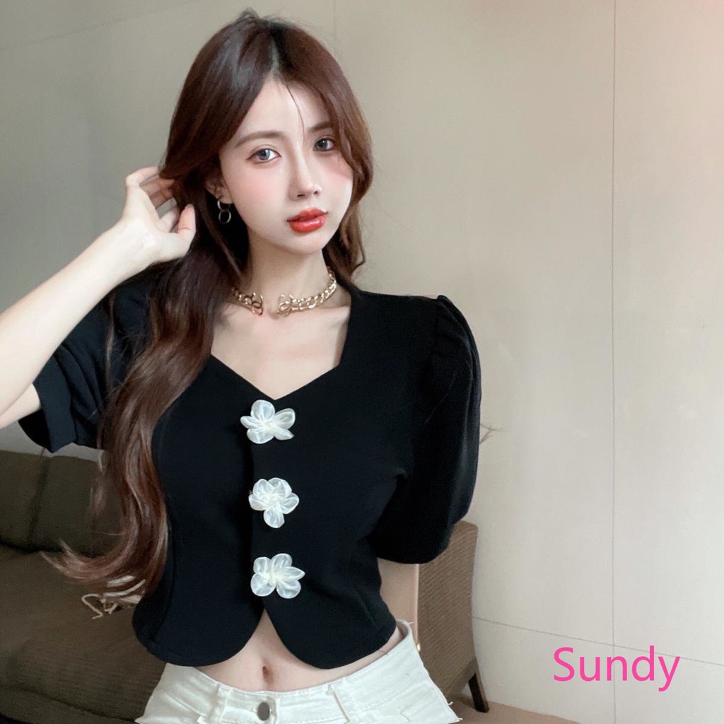 Áo Sơ Mi Ngắn Tay Cổ Vuông Đính Hoa Ngọc Trai Thời Trang Mùa Hè Dành Cho Nữ