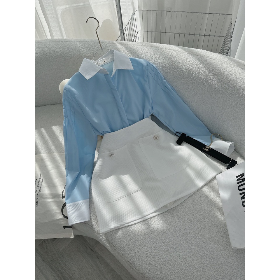 SET ÁO SƠ MI XANH KẺ SỌC PHỐI CỔ TRẮNG + CHÂN VÁY TÚI HỘP ANGI HOME