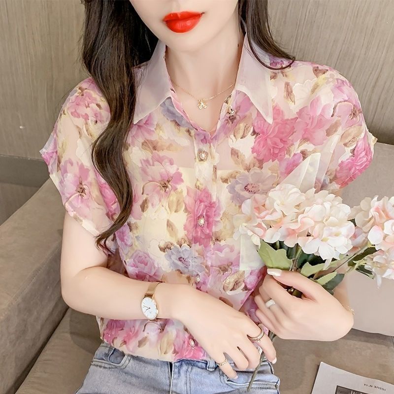 Áo Sơ Mi Chiffon Tay Ngắn In Hoa Mẫu Mới 2023 Phong Cách Phương Tây Cho Nữ