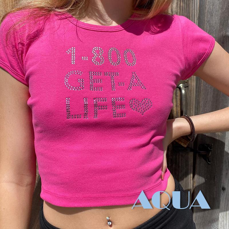 Áo Croptop Tay Ngắn Cổ Tròn In Chữ Đính Đá Phong Cách Đường Phố Mùa Hè Cho Nữ
