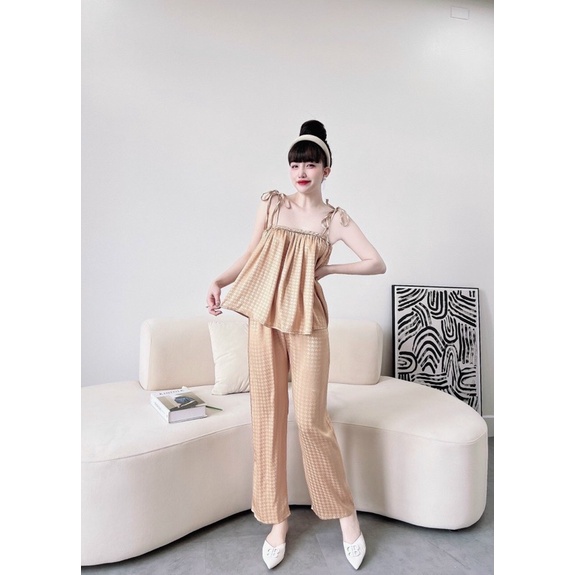 Set Bộ Gấm Xước Ánh Kim Áo Dây Thắt Tít Babydoll Quần Ống Rộng. Freesize 40-60kg ảnh thật