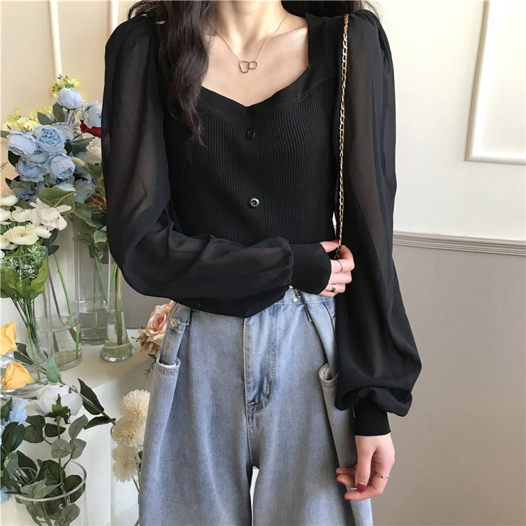 Áo len nữ cổ vuông tay voan bồng MS351