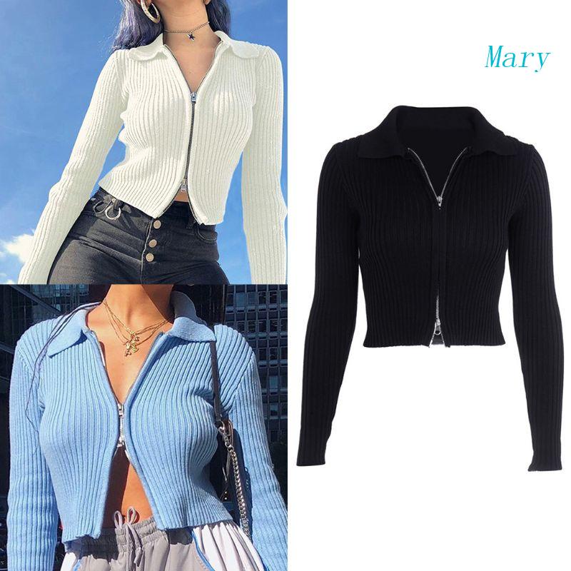 Áo Croptop Dệt Kim Tay Dài Có Khóa Kéo Hai Chiều Thiết Kế Ôm Dáng Quyến Rũ Cho Nữ