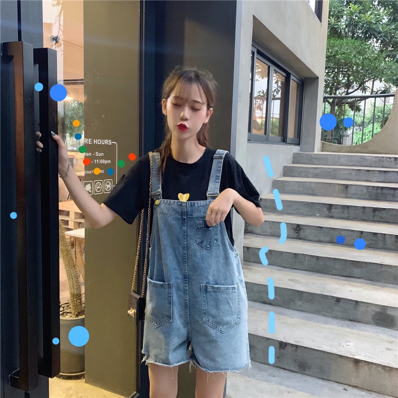 Quần yếm denim DIDIKA dáng ngắn suông ống rộng phối rách cá tính phong cách Hàn Quốc thời trang mùa hè cho nữ