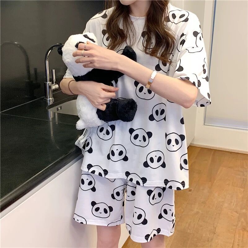 Bộ Đồ Ngủ Tay Ngắn In Hình Gấu Trúc Hoạt Hình Dễ Thương Phong Cách Hàn Quốc Thời Trang Xuân Hè Cho Nữ
