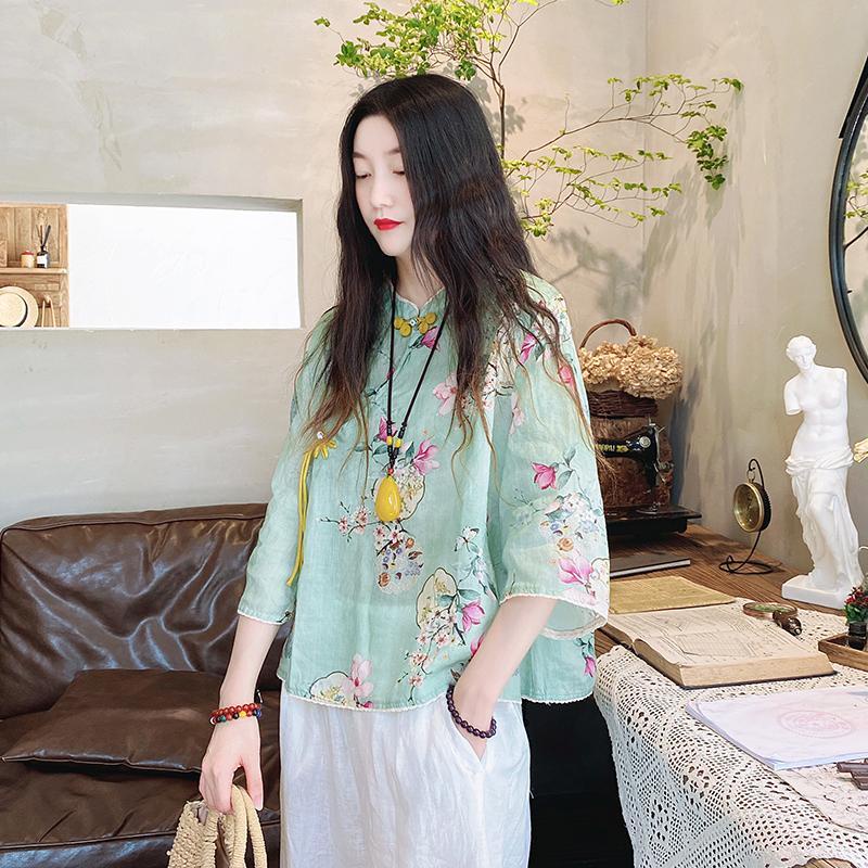 Áo Sơ Mi Vải Lanh cotton Tay Lửng Cột Dây Chéo In Họa Tiết Hoa Thời Trang Mùa Hè Hàng Mới 2023