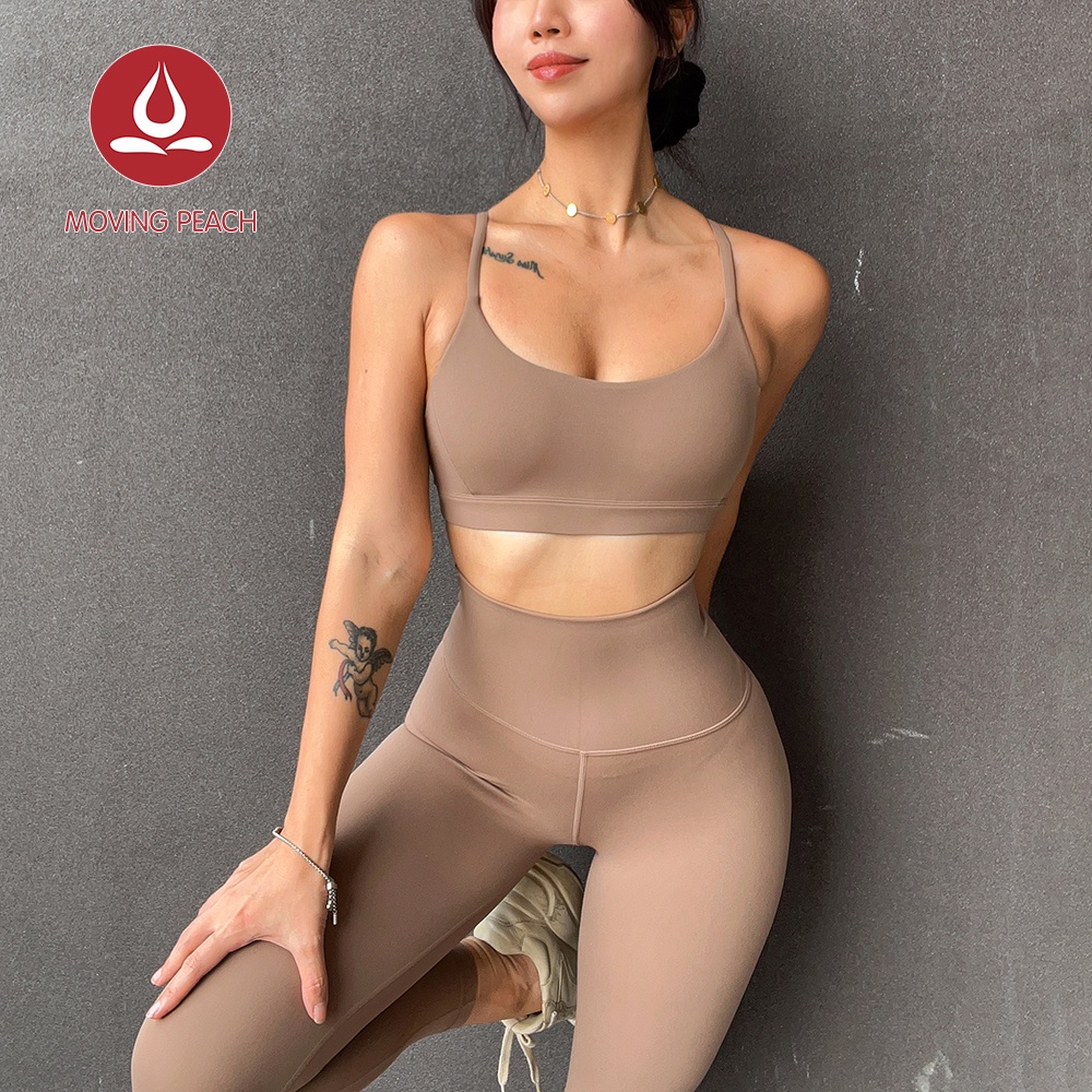 MOVING PEACH Bộ Đồ Tập Thể Thao Gồm Áo Ngực + Quần Legging DBA + DLA Hai Dây Bằng Vải Spaghetti Màu Nude Đào Chuyển Động