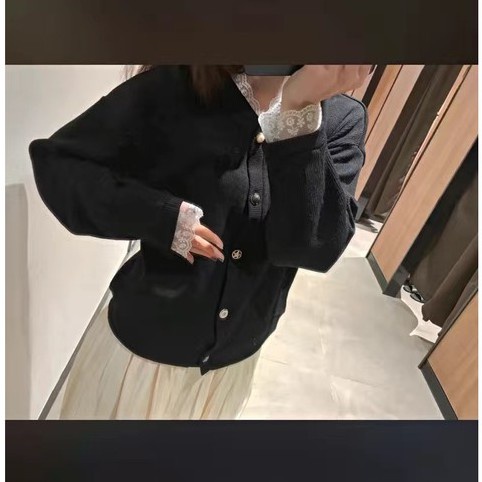 Áo cardigan len tay viền ren tiểu thư