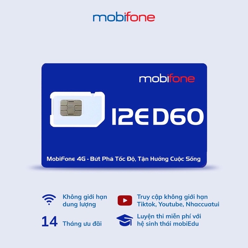 Sim 4G Mobifone 12ED60 12FD60 Tỉ GB tốc độ cao Free 14 Tháng Lắp đầu Ô tô Ipad làm sim Phụ vào mạng