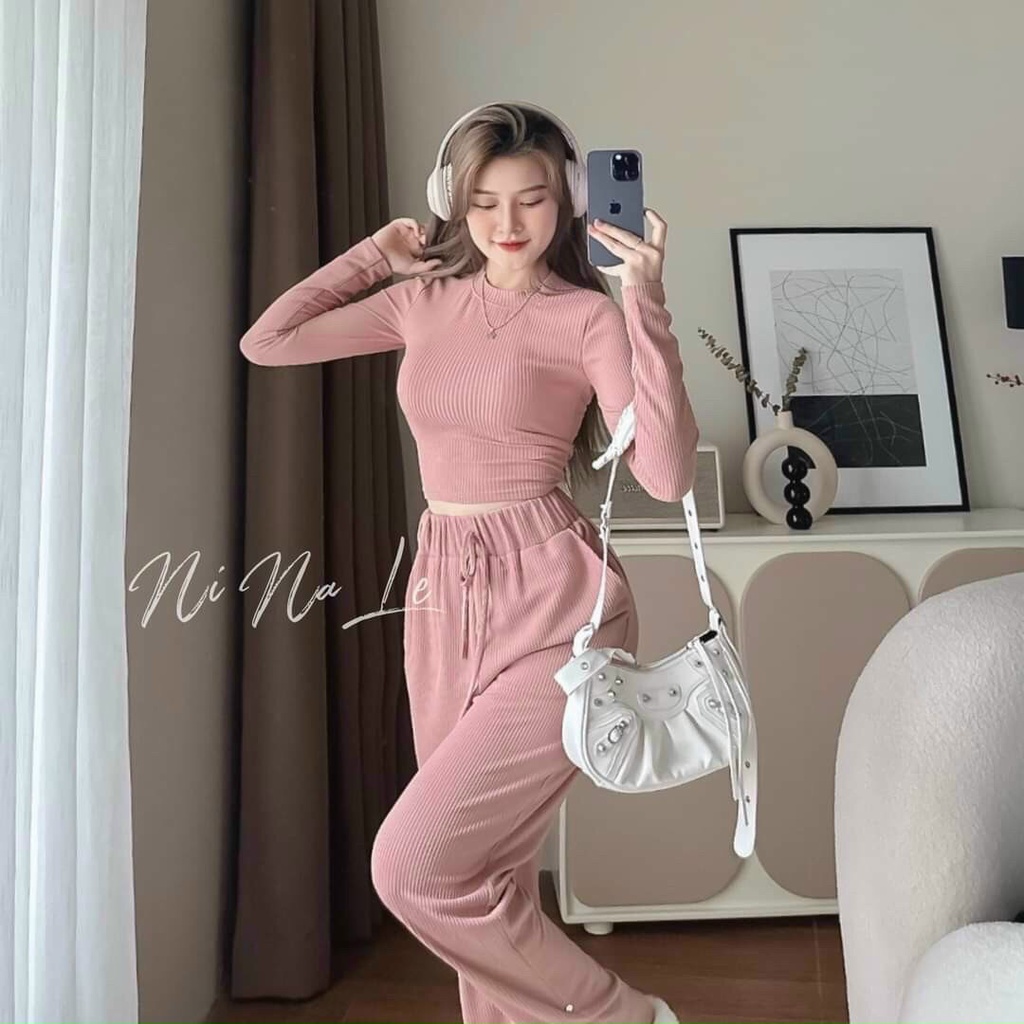 Set Bô Nữ Thun Gân Dài Tay Kết Hợp Cùng Quần Ống Suông Nhẹ Nhàng Nữ Tính