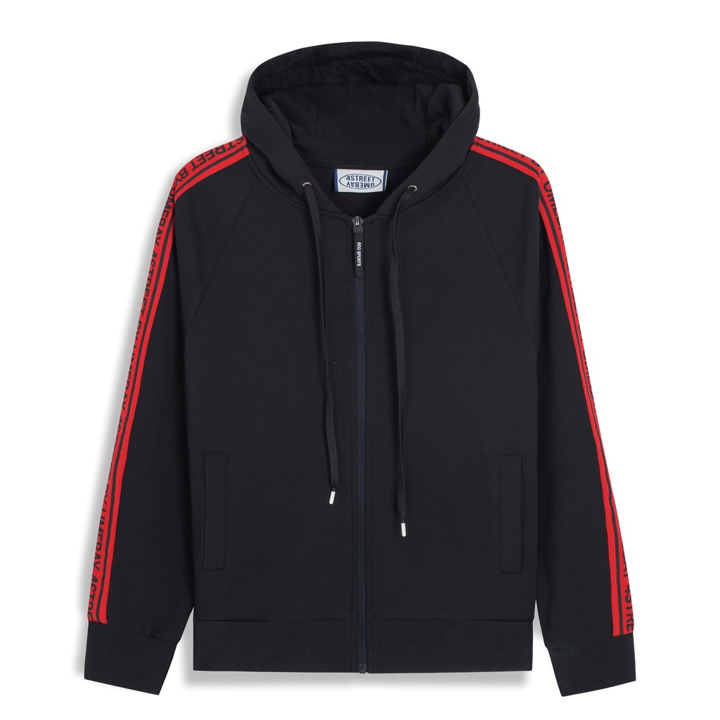 Áo hoodie thể thao nam mũ 2 lớp Umebay, vải đen phối sọc đỏ, cotton co giãn USS62A