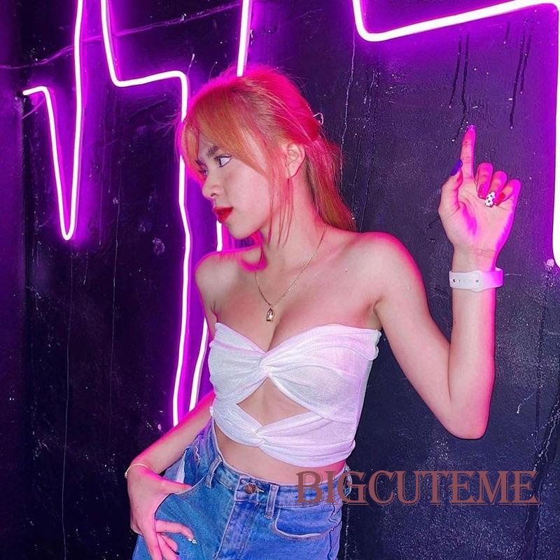 [] Áo Ống Đan Chéo Phía Trước Màu Trắng / Hồng / Xanh Dương Cho Nữ