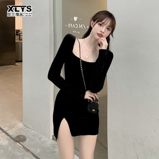 Đầm nữ XINLANYASHE tay dài ôm eo xẻ tà thời trang Hàn Quốc gợi cảm