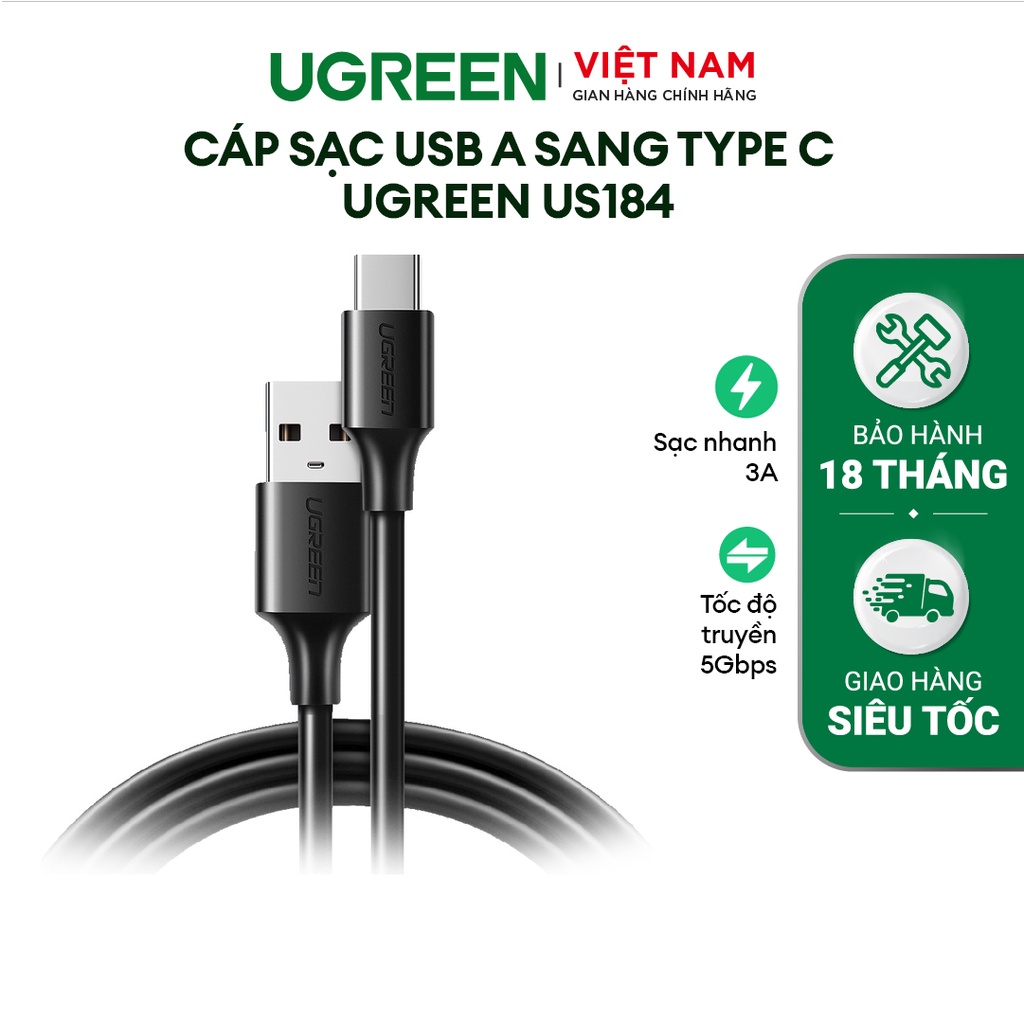 Cáp sạc USB A sang Type C Ugreen US184 Sạc nhanh dòng 3A | Tốc độ truyền lên đến 5Gbps | Bảo Hành 1 đổi 1 18 Tháng |