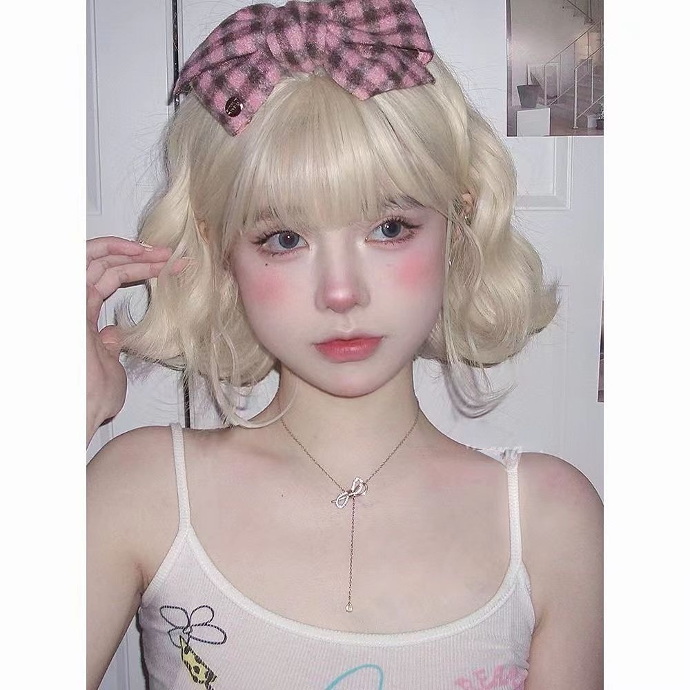 Bộ Tóc Giả Xoăn Ngắn Màu Trắng Hồng Nhạt Phong Cách Lolita Đáng Yêu Dành Cho Nam Nữ