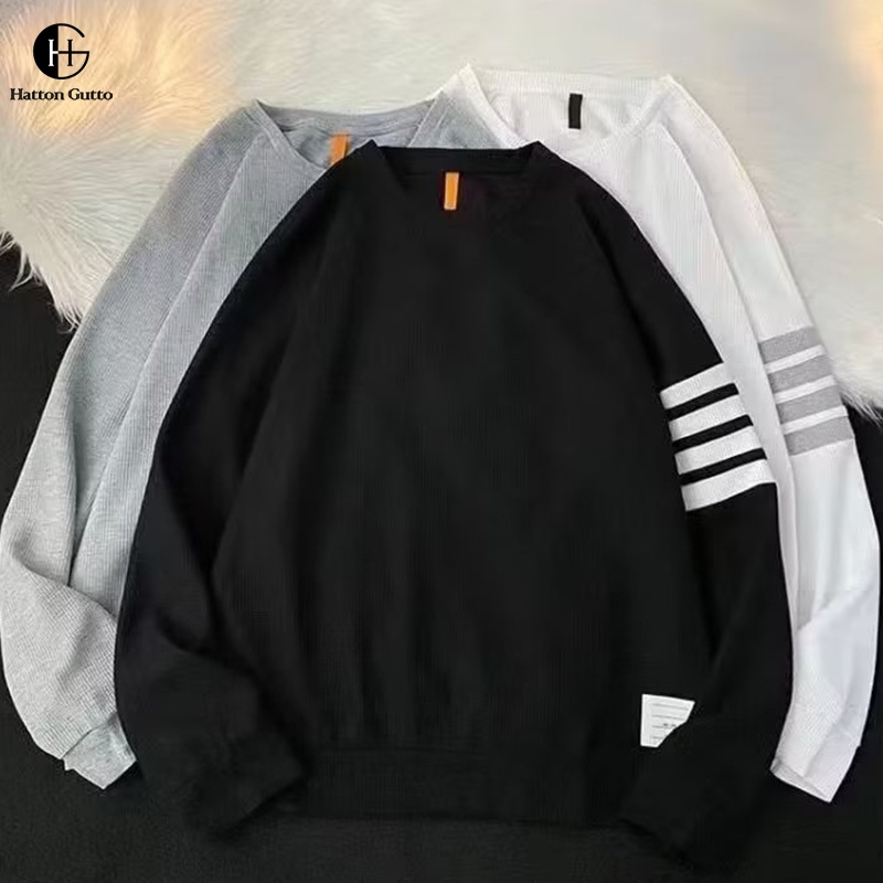 Hattongutto COD OOTD Áo Sweater Mỏng Chui Đầu Cổ Thuyền Mùa Thu Cổ Điển Bốn Sọc Cho Cặp Đôi Nam Và Nữ