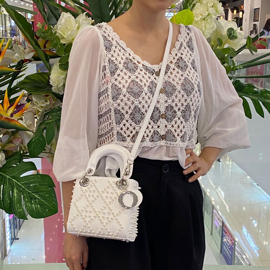 Túi Đeo Chéo Vai Bằng Da Cừu Đính Hạt Thời Trang Dành Cho Nữ