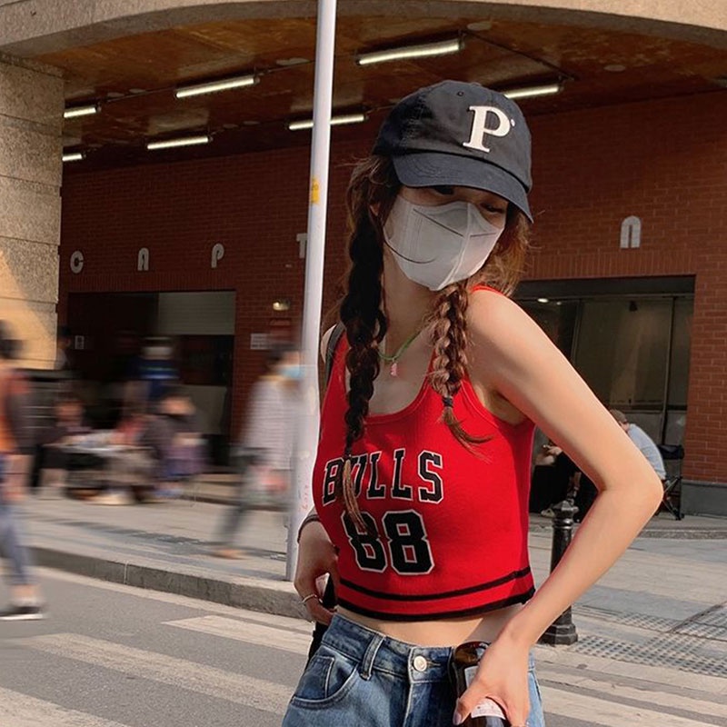 Nevaeh Áo tank top Hai Dây In Chữ Phong Cách Mỹ Cổ Điển Có Đệm Ngực Mỏng Vừa Vặn Và Không Tay Hàng Mới Dành Cho Bạn Nữ áo croptop