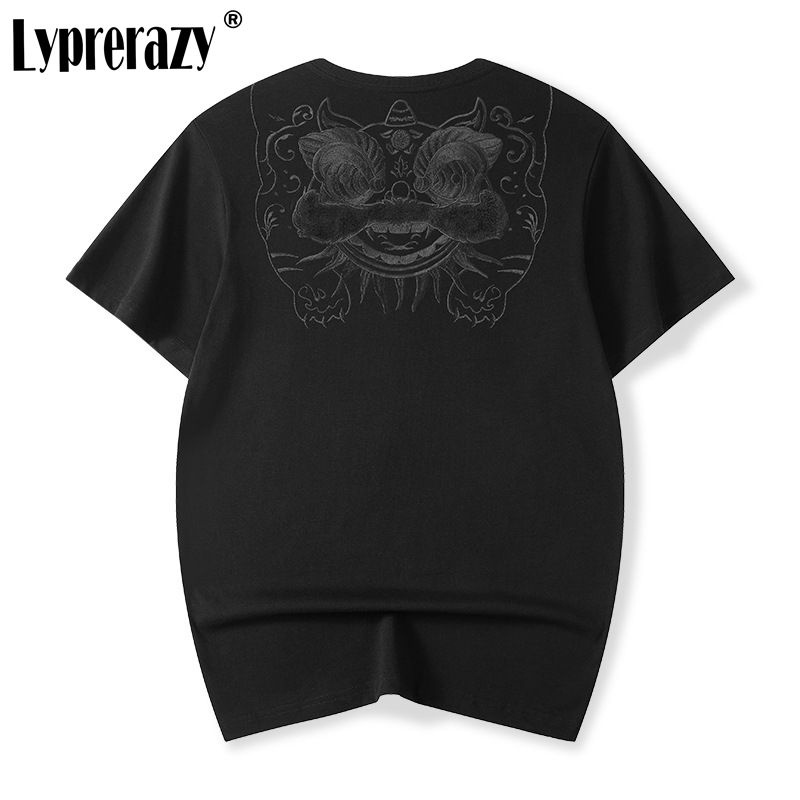 Áo Thun Cotton Ngắn Tay Dáng Rộng Thêu Hình Sư Tử Nhảy Múa Cá Tính Cho Nam