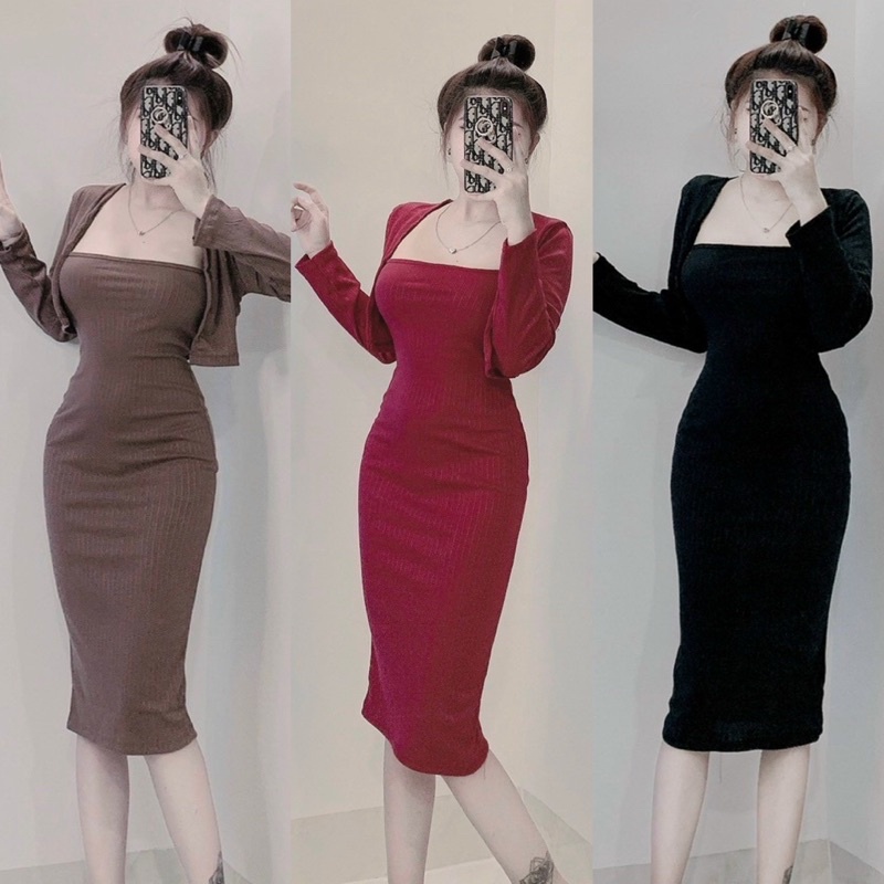 Set Đầm Ống Dài Xương Cá Kèm Khoác Cadigan