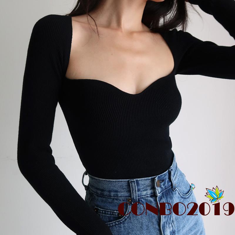 Áo Croptop Dệt Kim Tay Dài Màu Sắc Đơn Giản Cho Nữ