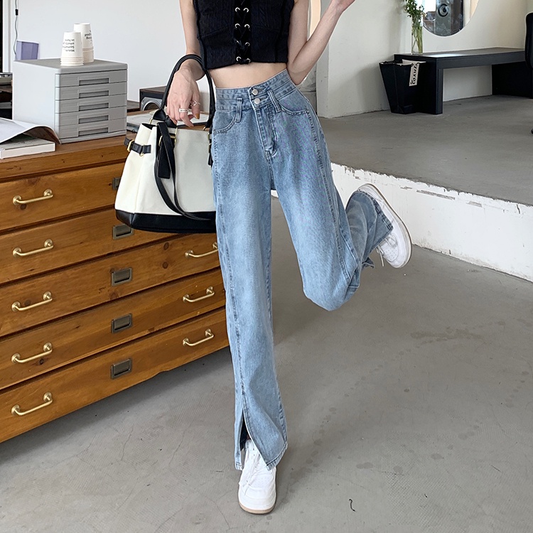 Quần Jeans Nữ Lưng Cao Ống Rộng Xẻ Tà Thời Trang Hàn Quốc Mới