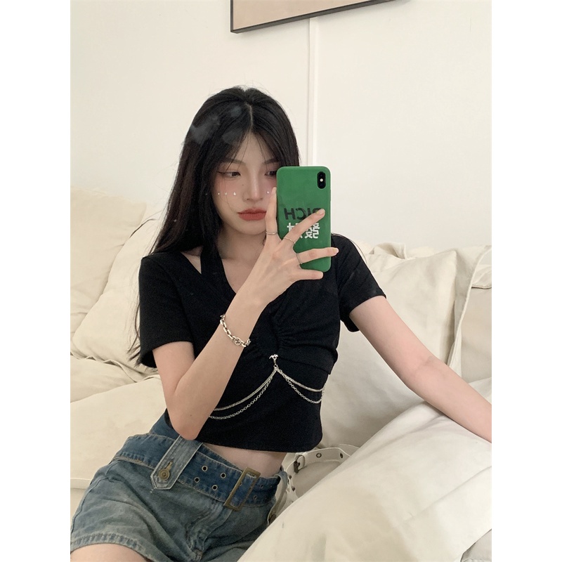 QKOOLE Áo thun  ngắn tay giả hai lớp khoét cổ thời trang mùa hè cho nữ