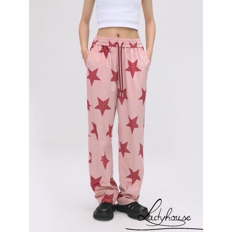 Quần Baggy Dài Lưng Thun Rút Dây Dáng Suông In Họa Tiết Ngôi Sao Thời Trang Đường Phố Cho Nữ