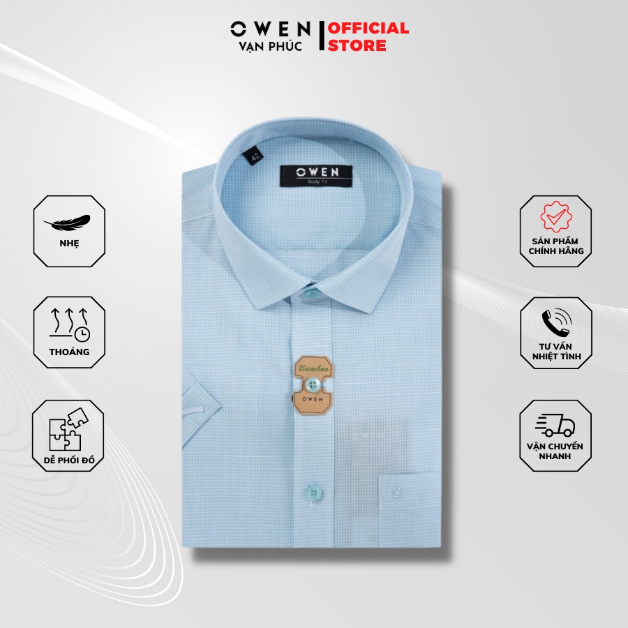 Áo Sơ Mi Nam Cộc Tay OWEN AB230122NT Màu Sắc Kẻ Nhỏ Xanh Mint Kiểu Dáng Body Fit Chất Liệu Bamboo Mịn Mát Dễ Phối Đồ