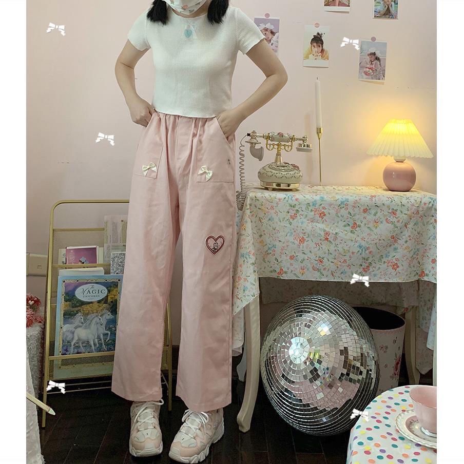 ✺Quần Dài Ống Rộng Phong Cách Nhật Bản✺Quần Dài Ống Rộng Thêu Họa Tiết Trái Tim Đính Nơ Xinh Xắn Dành Cho Nữ
