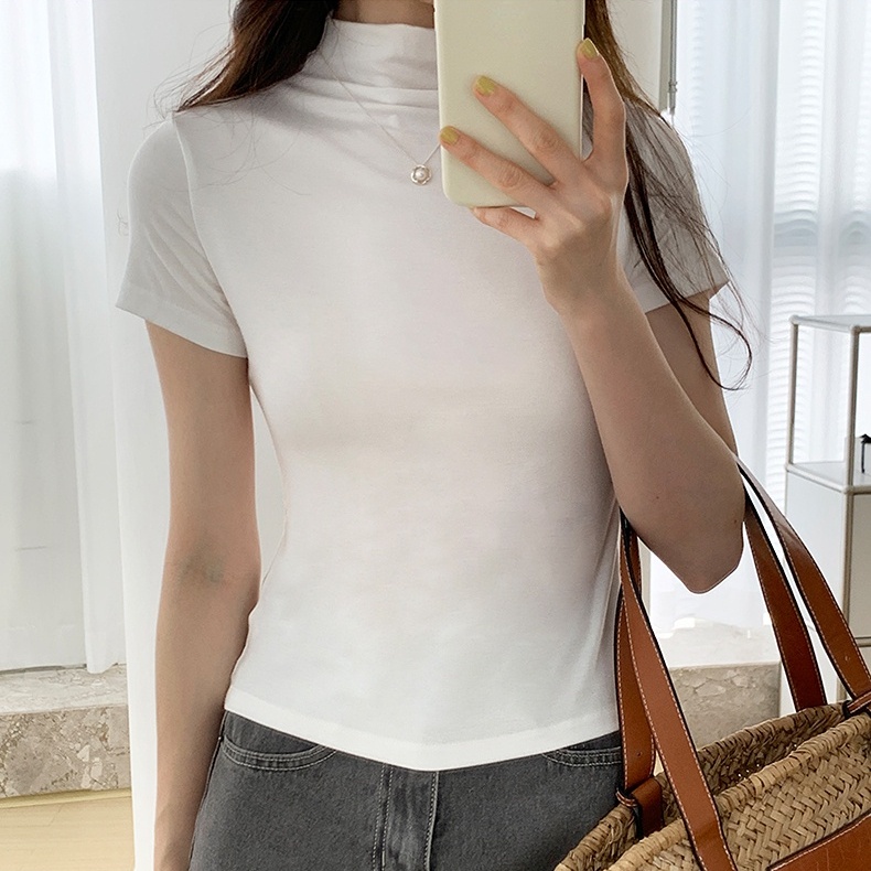 Áo thun SUXI tay ngắn cổ đứng dáng ôm màu trơn thời trang mùa hè cho nữ