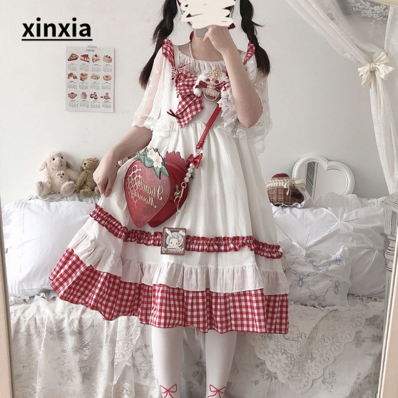Đầm Hai Mảnh Vải Ren Mềm Mại Họa Tiết Kẻ Sọc Phong Cách Lolita
